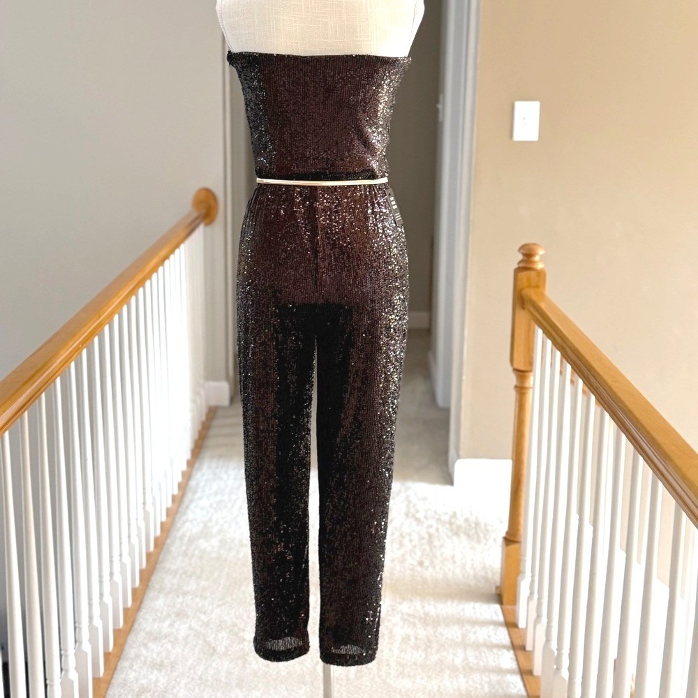 Express Sequin Strapless Straight Leg Jumpsuit Deep Espresso Brown Size M NWT - Picture 8 of 14